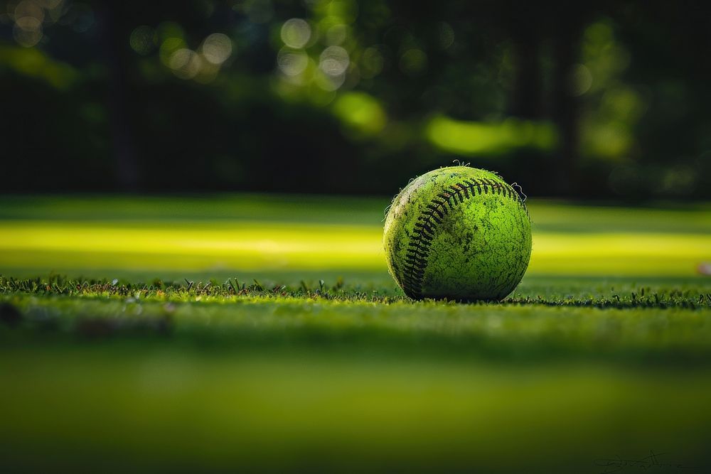 Green softball ball lawn outdoors sports.