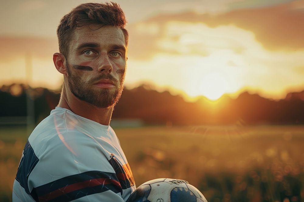 A football player man holding a football ball portrait outdoors sports.