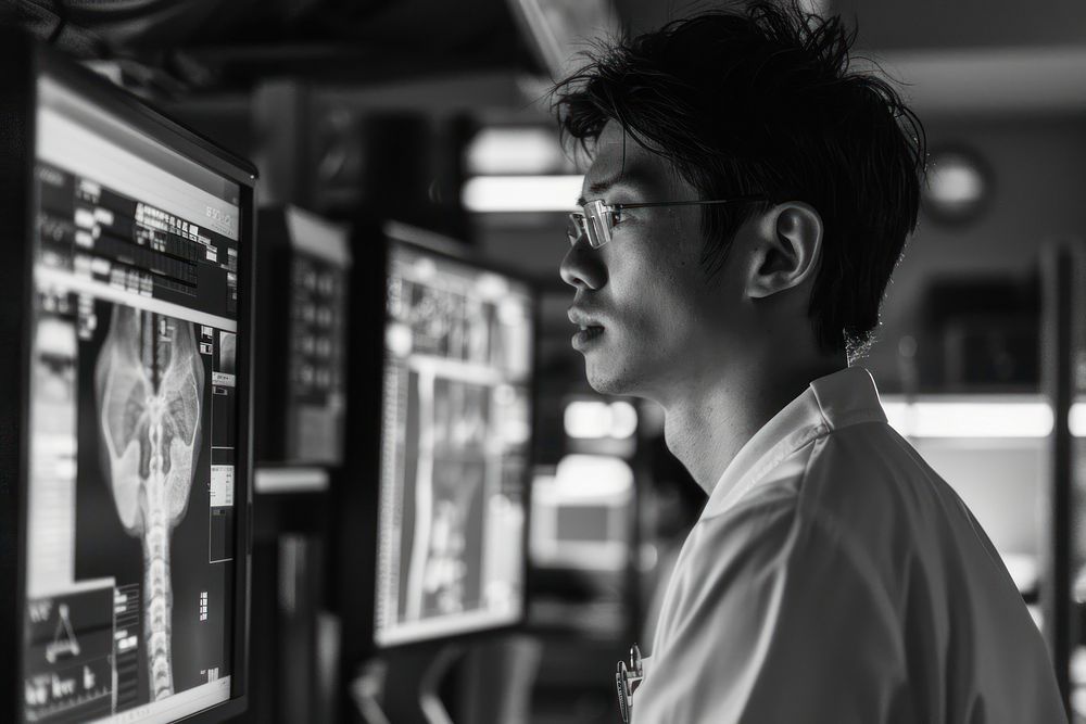 An asian radiology technician standing in front a workstation photography portrait computer.