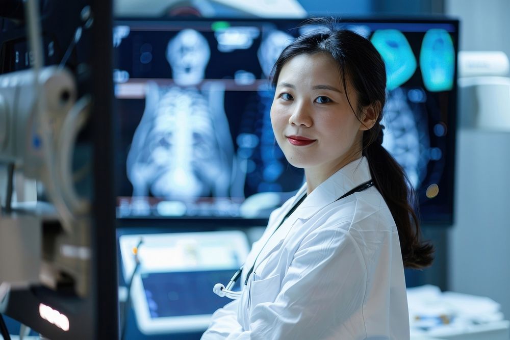 An asian radiology technician standing in front a workstation doctor adult electronics.