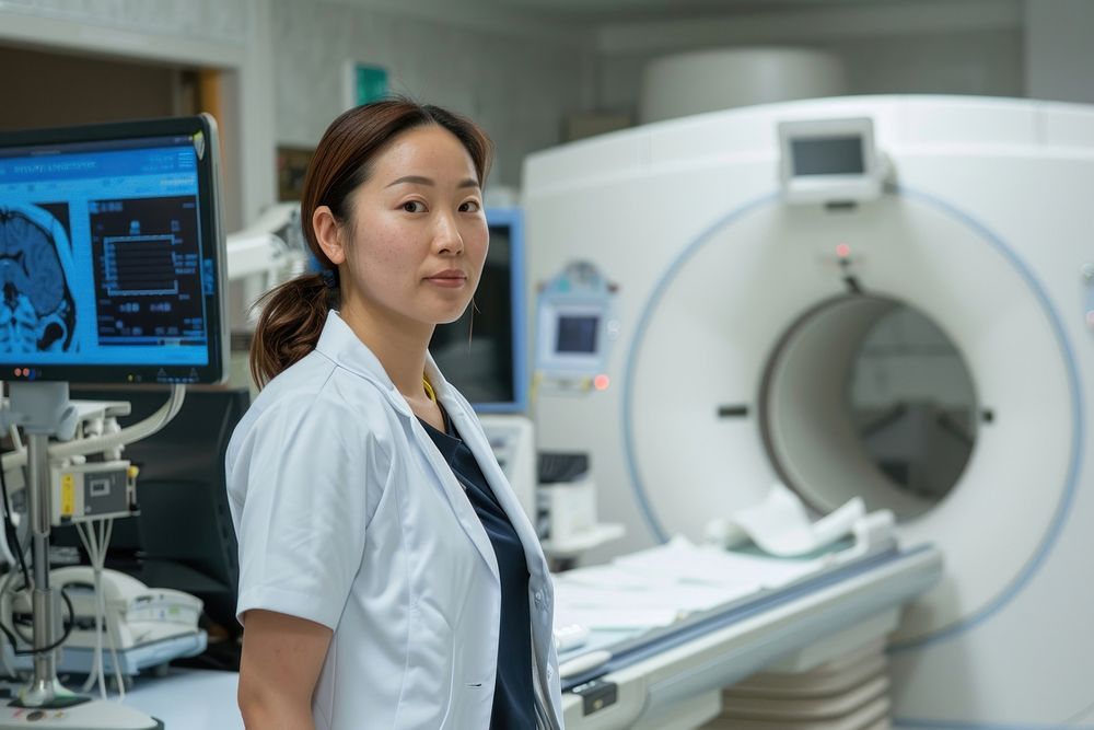 An asian radiology technician standing in front a workstation adult electronics researcher.