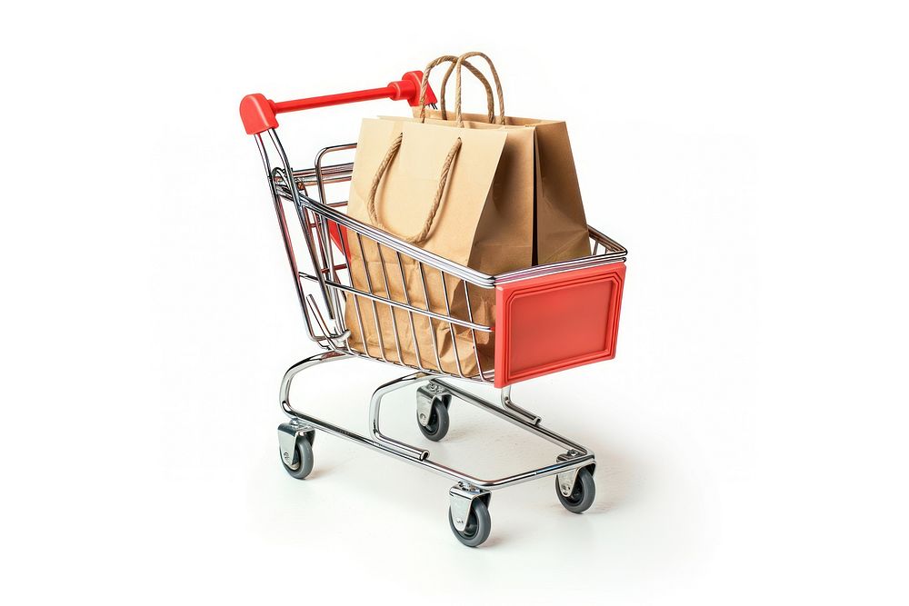 Paper shopping bag in shopping cart handbag white background supermarket.