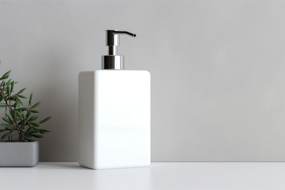 Pump bottle dispenser with blank label mock up bathroom sink container.
