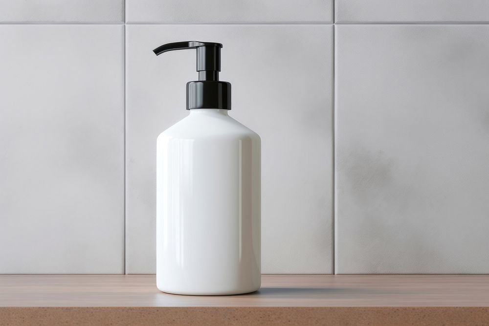 Pump bottle dispenser with blank label mock up bathroom container lighting.