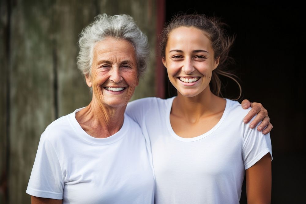 Old woman and young woman laughing smiling t-shirt.