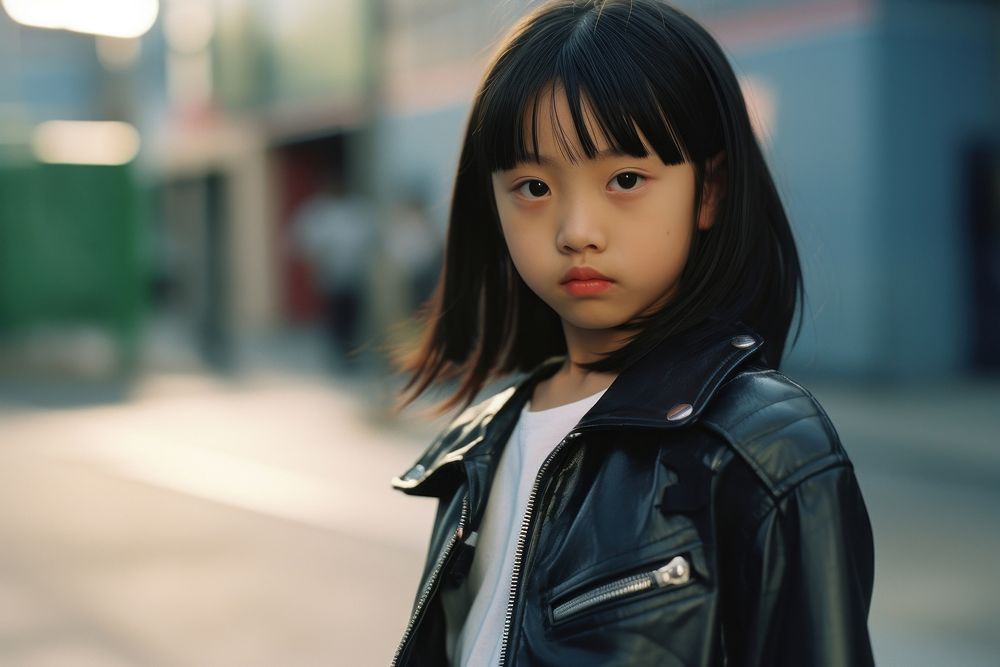Cute Asian little girl fashion jacket street.