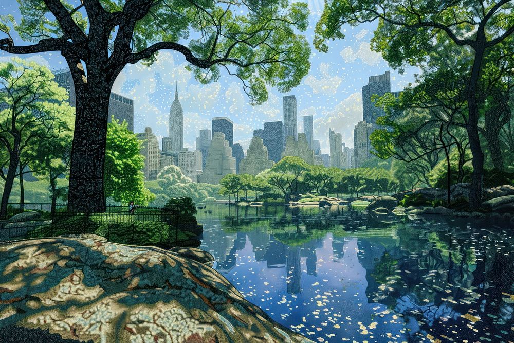 Illustration of central park with new york city view landscape architecture building.