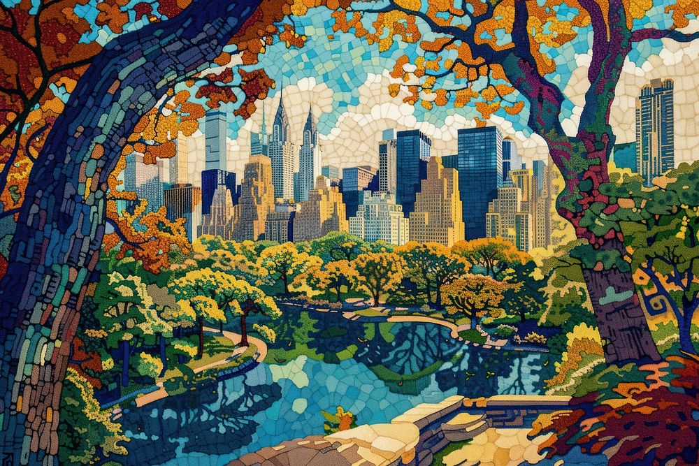 Illustration of central park with new york city view landscape painting art.