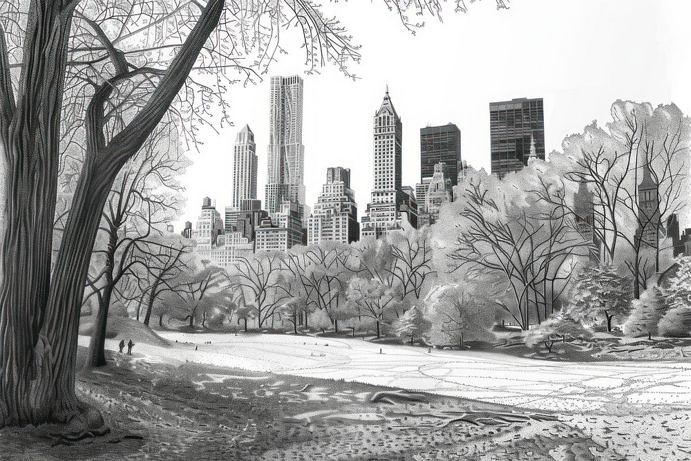 Illustration of central park with new york city view architecture metropolis landscape.