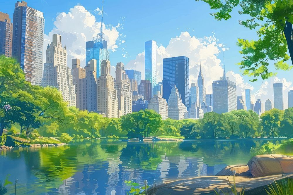 Illustration of central park with new york city view landscape architecture cityscape.