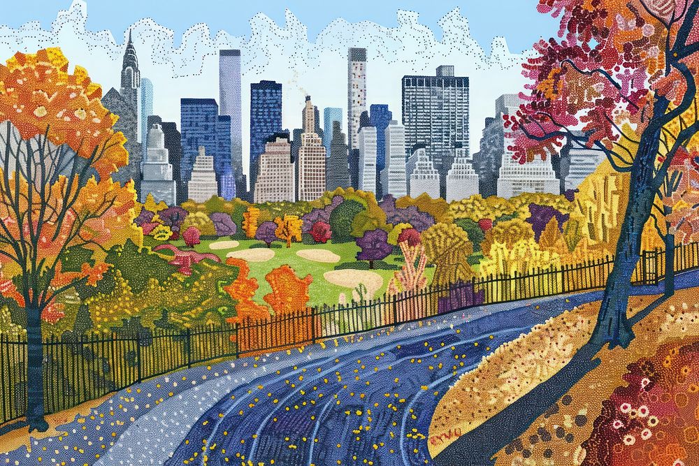Illustration of central park with new york city view landscape outdoors painting.