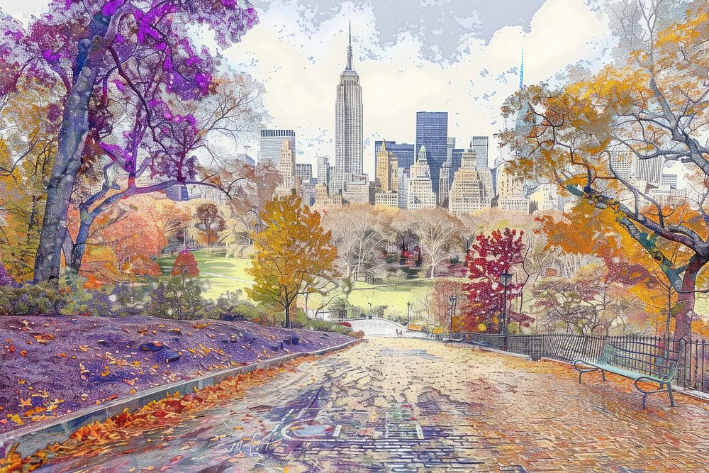 Illustration of central park with new york city view landscape outdoors autumn.