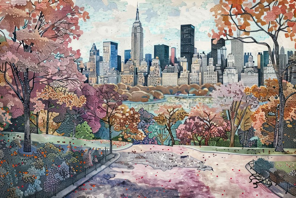 Illustration of central park with new york city view architecture cityscape landscape.