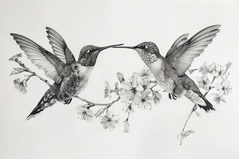 Hummingbirds with flowers drawing animal sketch.