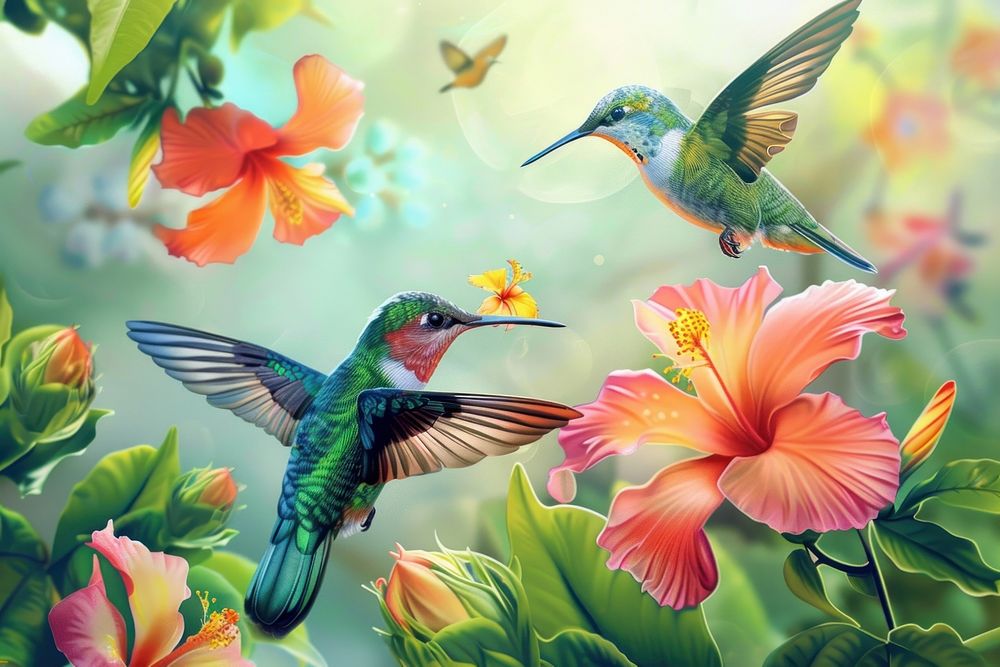 Hummingbirds with flowers outdoors animal nature.