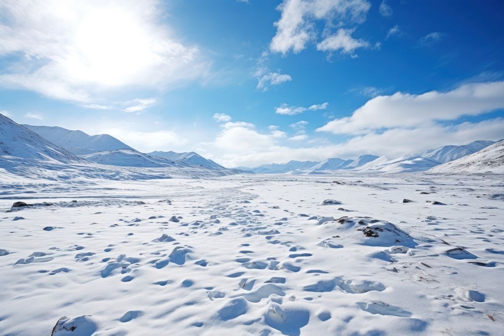 Tundra winter sky landscape.