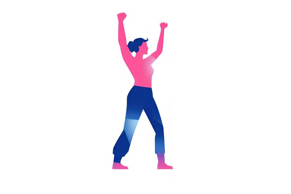 Woman raising a fist dancing white background exercising.