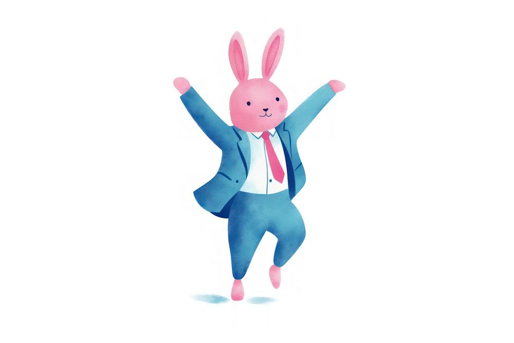 Rabbit in suit dancing witch with magic white background representation.