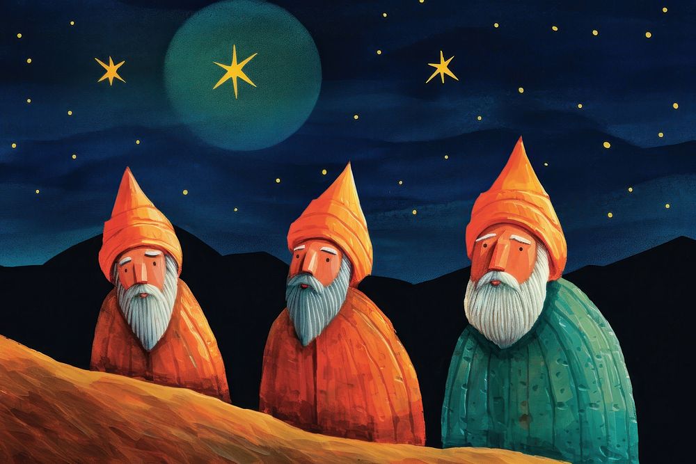 Three wise men starry night in desert representation constellation spirituality.