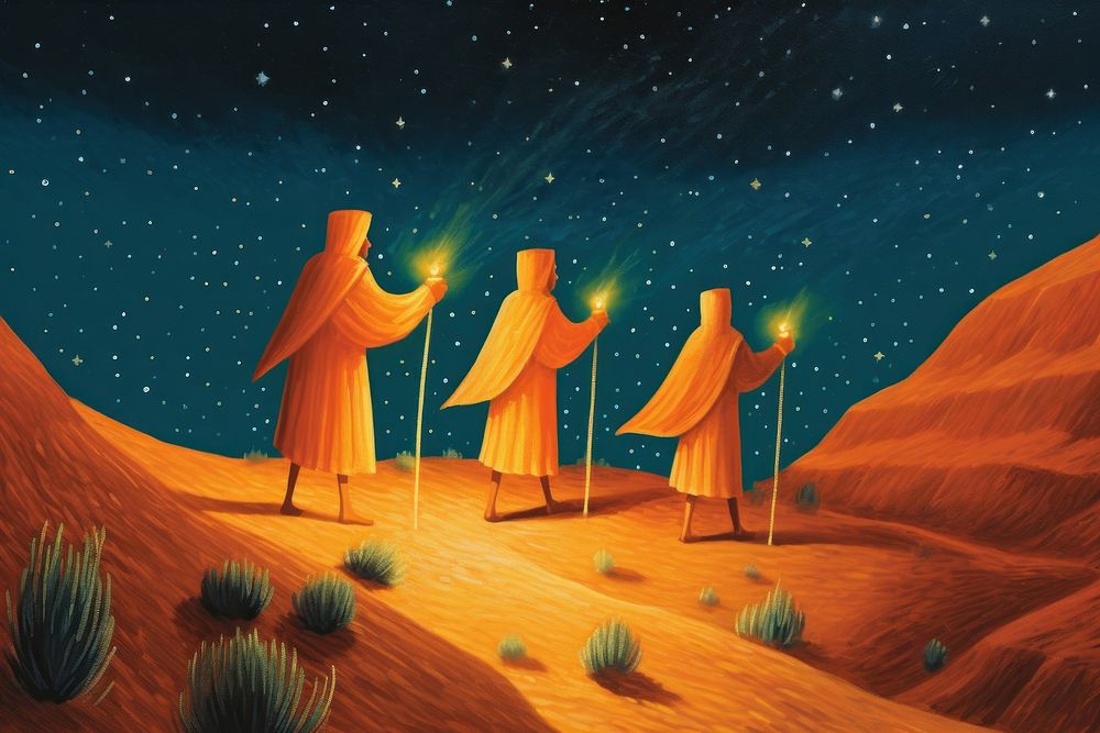 Three wise men starry night in desert outdoors nature sky.