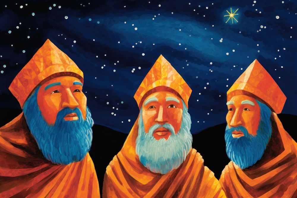 Three wise men starry night in desert painting representation constellation.