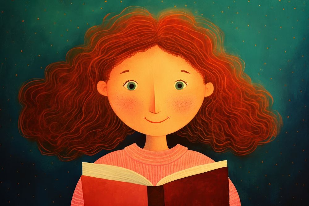 Cute girl holding book cartoon red representation.