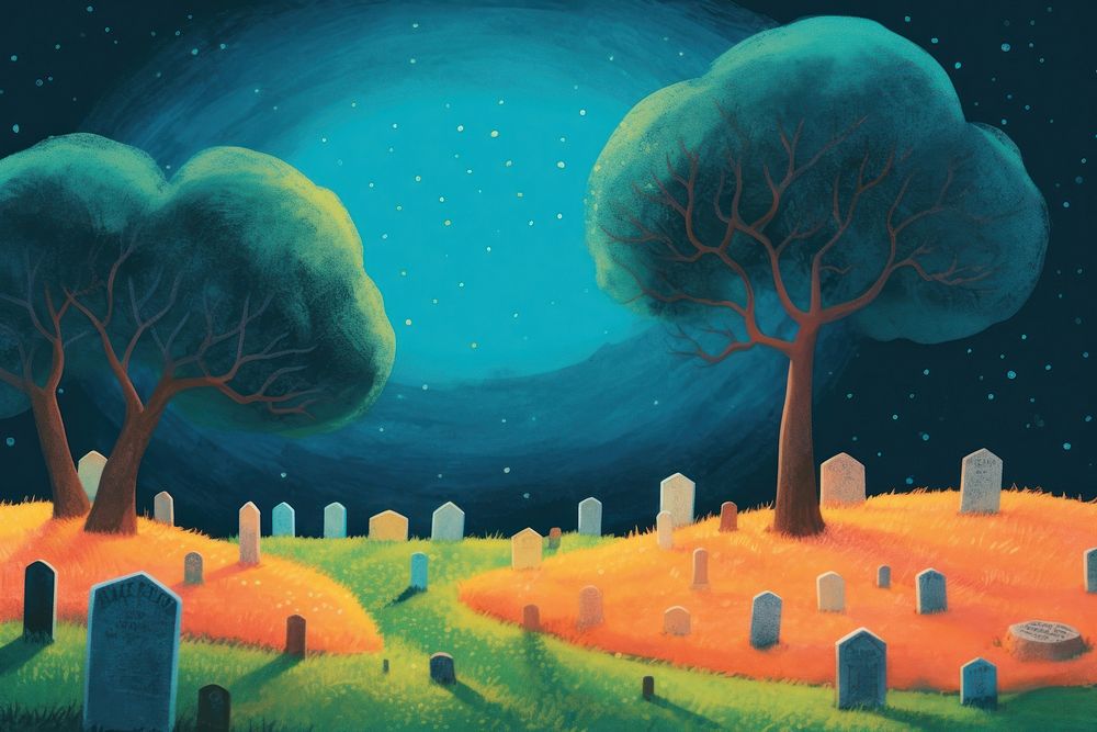 Full moon and graveyard tombstone painting cemetery.