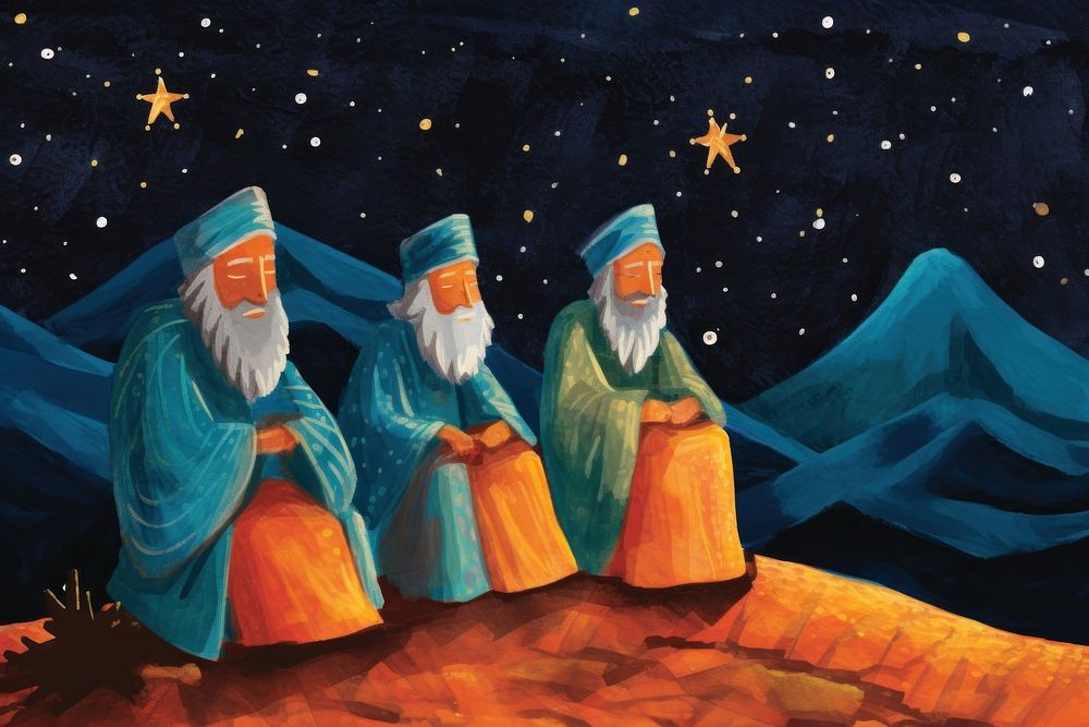 Three wise men starry night in desert painting representation spirituality.