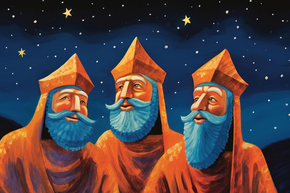 Three wise men starry night in desert painting art representation.