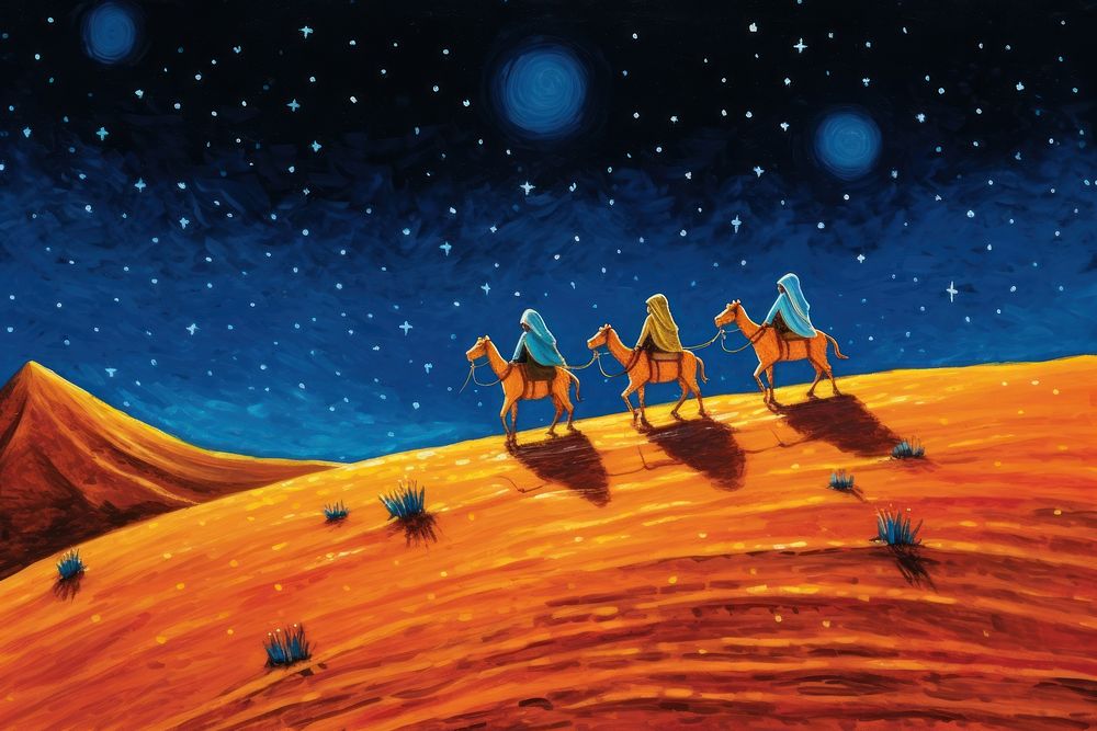 Three wise men starry night in desert outdoors nature constellation.