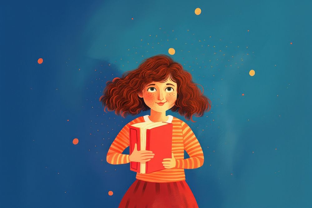 Cute girl holding book cartoon night red.