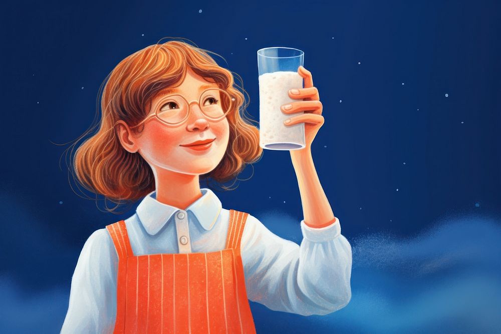 Cute girl holding glass of milk refreshment photography happiness.