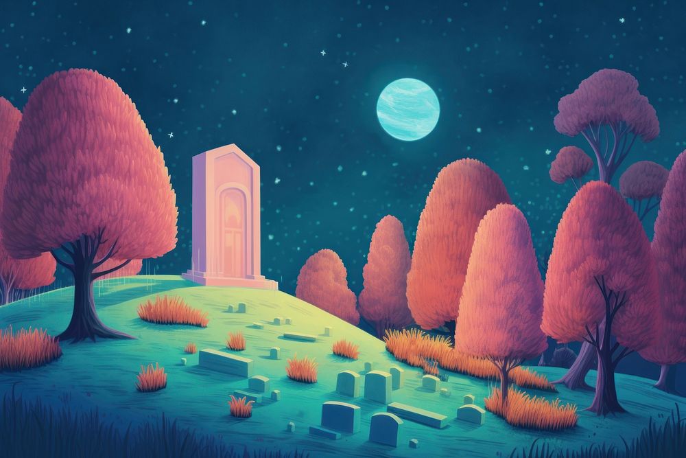 Full moon and graveyard outdoors painting nature.