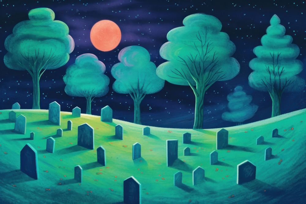 Full moon and graveyard tombstone cemetery outdoors.