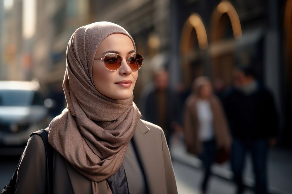 Woman wearing hijab fashion street scarf.