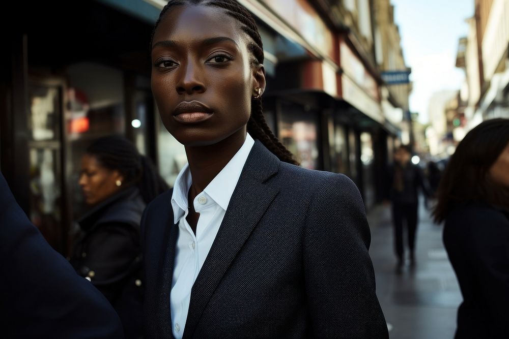 African woman in suit street photography portrait.