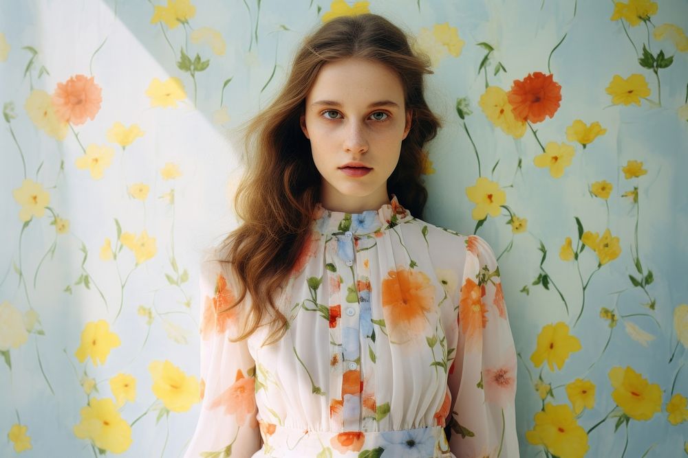 Woman wearing floral dress fashion photography portrait.