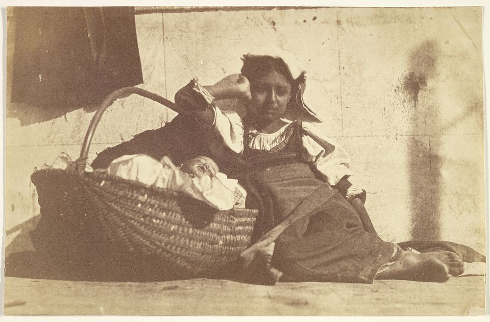 Barefoot girl leaning on basket with a doll by Giacomo Caneva