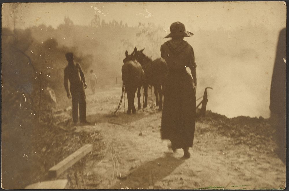 Farm Scene with Woman Walking towards Horses by Louis Fleckenstein