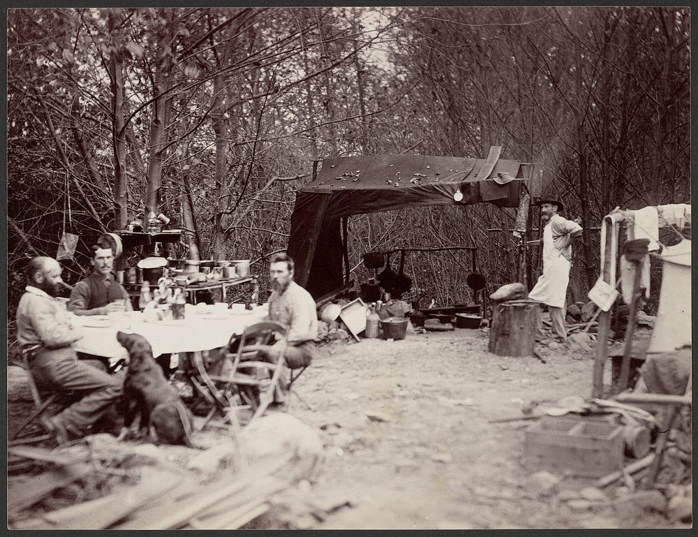 Camp with Dog, Men and Cook by George Davidson, J J Gilbert and Carleton Watkins