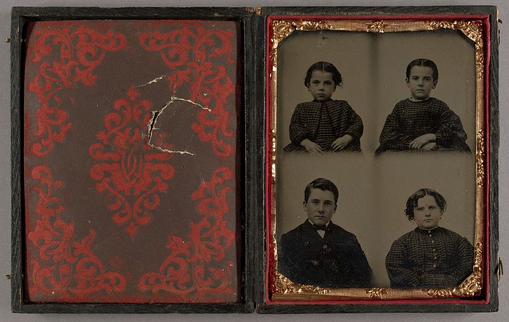 Individual portraits of four children on one plate