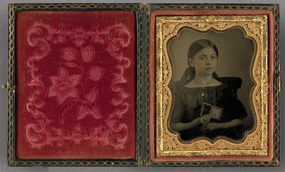 Portrait of a Seated Young Girl Wearing Locket Holding a Cased Object Portrait of a Man by George L Williams