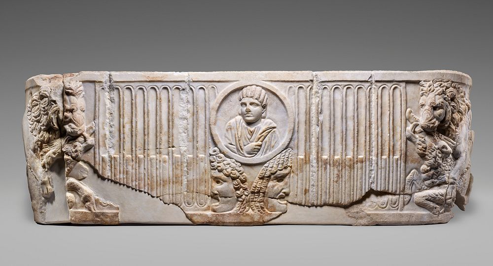 Front of a Sarcophagus with Female Portrait in a Medallion above Two Theatrical Masks, and Lion Devouring a Boar at Each…