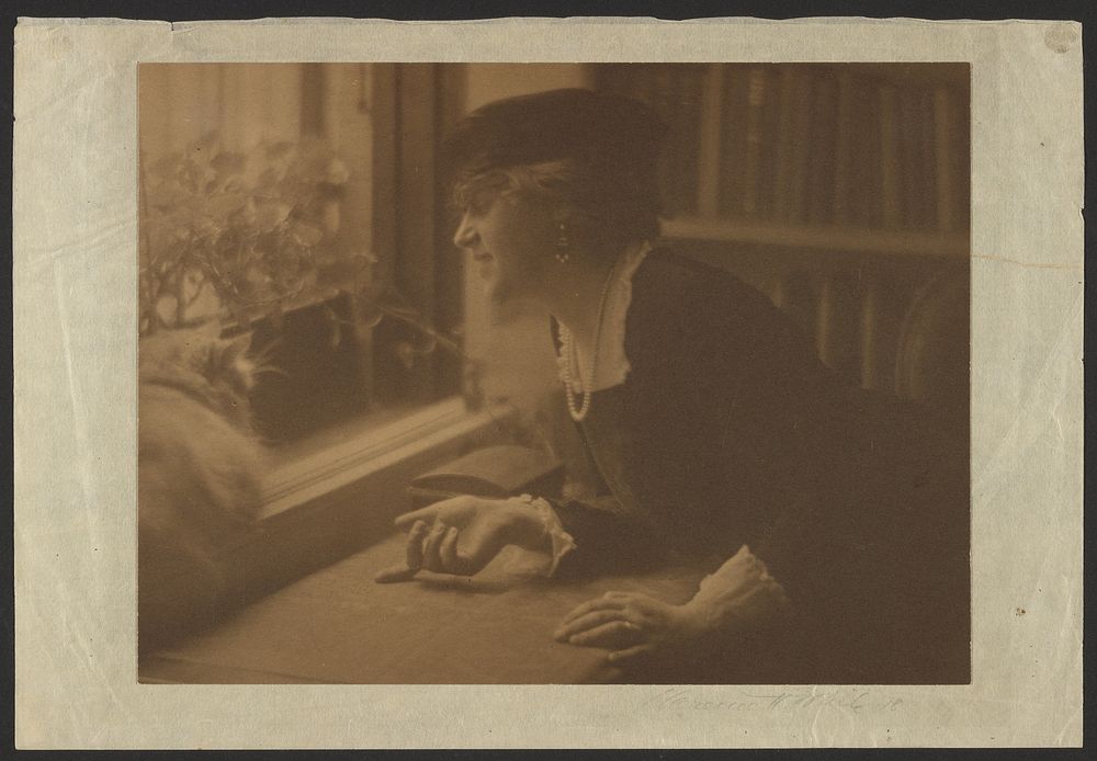 Portrait of an Elegant Woman Posed with a Cat Near a Window by Clarence H White