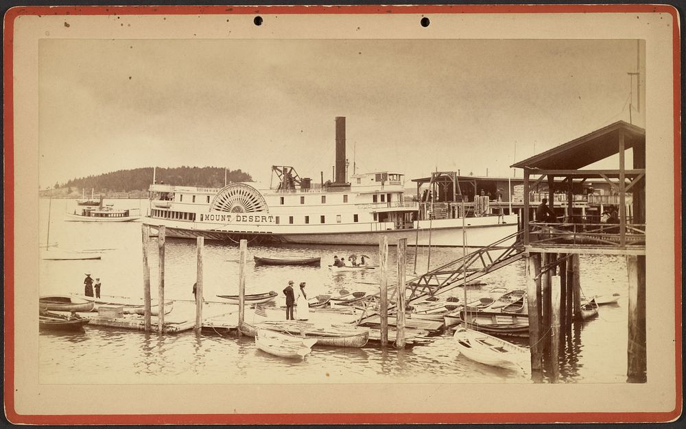 Dock scene: people on rafts and/or in boats with "Mount Desert" paddleboat at center by S R Stoddard
