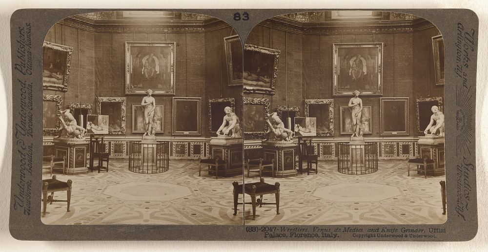 Wrestlers. Venus de Medici and Knife Grinder, Uffizi Palace, Florence, Italy. by Underwood and Underwood