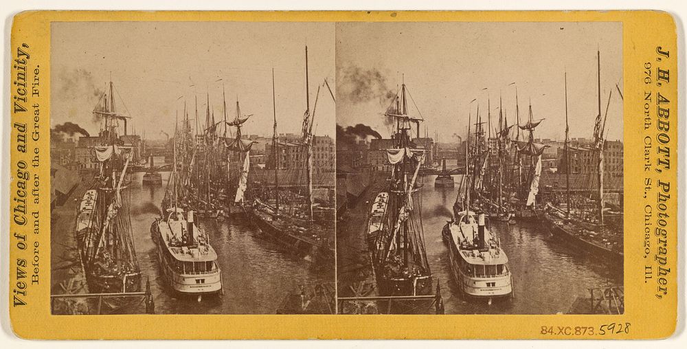 View of Chicago before and/or after the great fire: harbor scene with boats by Jordan H Abbott