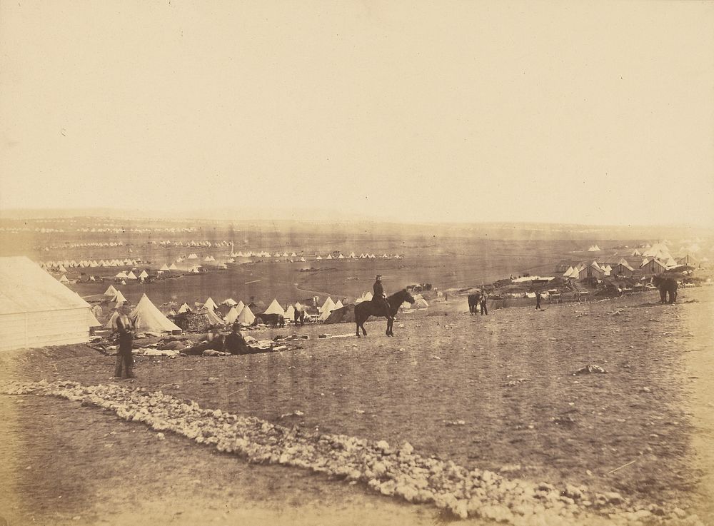Plateau before Sebastopol, Turkish tents in the distance. by Roger Fenton