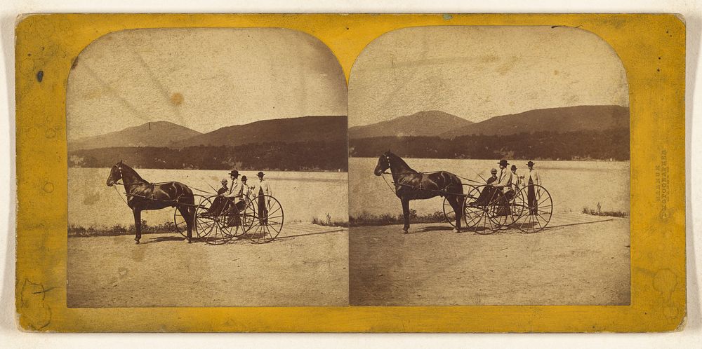 Man with hat seated in horse-drawn carriage, three men behind him by Deloss Barnum