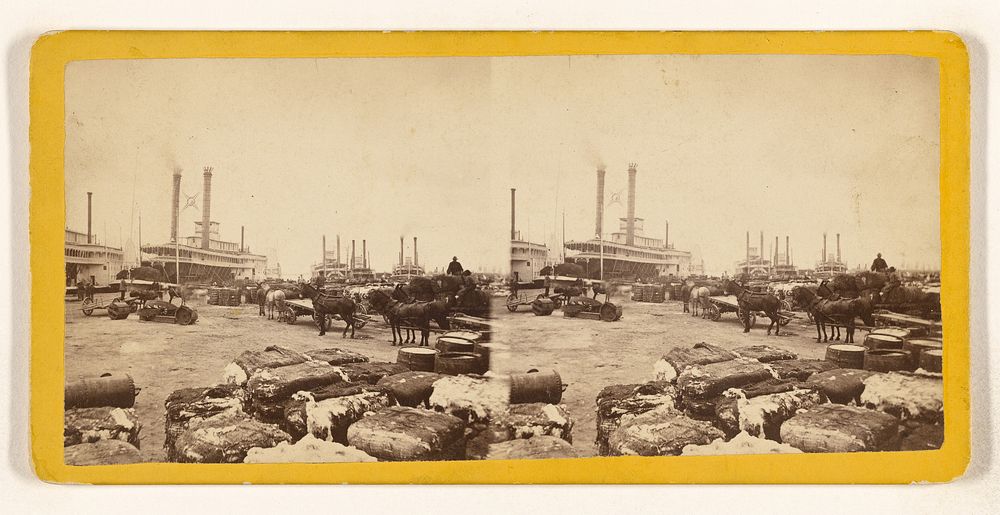 Steamboat Landing, Head of Common Street, looking diagonally across the River, showing a few bales of the "Staple" on the…